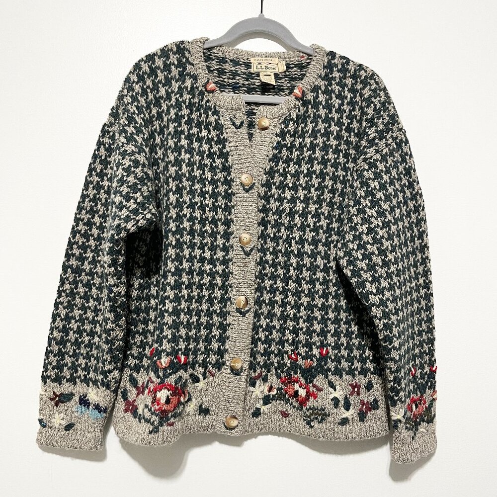 LL Bean Womens Vintage Hand Knit Wool Alpaca Cardigan L Cottagecore Chunky Thick